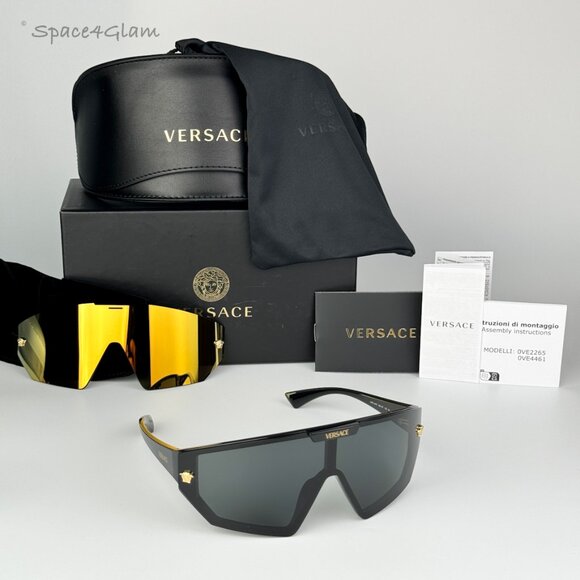 Versace Women Sunglasses Black Grey Mirror Gold Single Lens VE4461 GB1/87 NEW